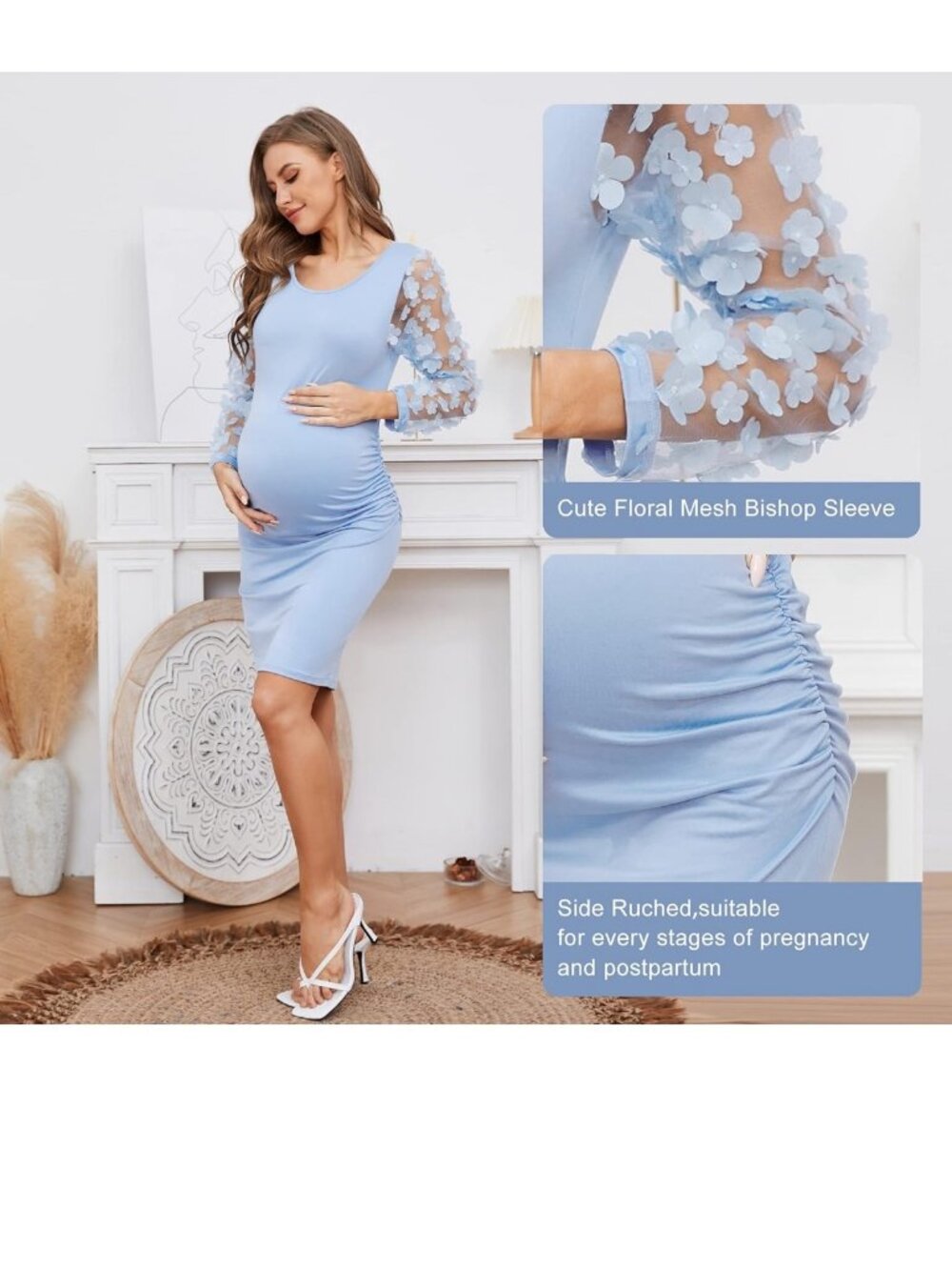 Light Blue Maternity Dress Floral Mesh Bishop Sleeves Ruched Bodycon Size L